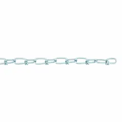 Double loop chain with zinc finish, 1 in link inside length, and 70 lb working load limit. Used for light rigging, tie-downs, and securing loads in industrial and commercial settings.