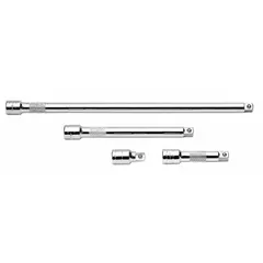 This hand socket extension set features a 3/8 in output drive size and is designed to extend the reach of a ratchet or socket wrench. It is used for accessing fasteners in tight or recessed areas, common in automotive repair and general mechanical work.