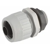 Straight nylon fitting for flexible liquid-tight non-metallic Type B conduit. Provides a 3/4 in MNPT connection. Gray, insulated. UL 514B listed. Suitable for industrial environments requiring moisture or dust protection