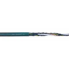 This CHAINFLEX CF5 series control cable features 36 conductors of 18 AWG copper with a PVC jacket and 600 V rating. Includes a ground conductor and is heat resistant. Suitable for continuous flexing applications in cable carriers (e-chains) and automated machinery where repeated bending occurs. Meets cRUus standards.