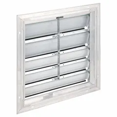 Wall-mount backdraft damper with flat aluminum blades, designed for horizontal airflow in vertical mounting position. Measures 21 in high, 21 in wide, 2 1/2 in deep. Supports maximum air velocity of 2500 fpm. Used in ventilation systems to prevent reverse airflow.