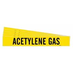 Adhesive pipe marker with yellow background and black legend reading 'Acetylene Gas'. Designed for pipes with outer diameter of 8 inches and larger. Pack of 5 markers without arrows. Used to identify acetylene gas lines in industrial piping systems.