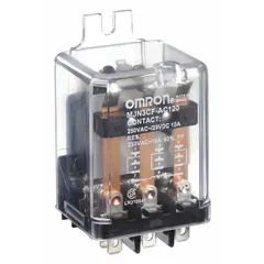 The OMRON MJN3CF-AC120 is a 3PDT surface-mounted relay with a 120V AC coil and 10A current rating at 240V AC (inductive load). It features an octal base, side flange mounting, and quick-connect terminals for secure wiring. Suitable for switching inductive loads in industrial control panels, HVAC systems, and automation equipment.