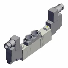 Double solenoid, five-way/three-position, closed-center directional control valve with 5 ports and 24V DC operation. Features spring return to center, DIN solenoid connector, internal pilot, and non-locking manual override. Used in pneumatic systems for directing airflow in automated machinery and industrial process control.