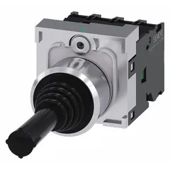 Siemens 3SU1 series joystick operator with metal bezel, 1NO contact, momentary switch action, and 4 positions plus center off. Suitable for directional control in industrial machinery, conveyor systems, and panel applications requiring vertical and horizontal operation.