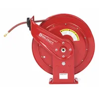 This spring-return hose reel accommodates up to 75 ft of 3/8 in I.D. hose and features a 1/2 in MNPT hose end configuration. It is rated for a maximum operating pressure of 300 psi and includes a nickel-plated steel swivel. The red reel measures 19-3/4 in L x 8-1/4 in W x 20-1/4 in H. Typical applications include air and water handling in industrial maintenance, manufacturing, and service vehicle settings
