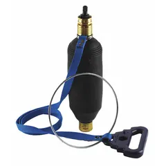 Standard multi-size plug for sealing 4 in to 6 in pipe during pressure testing or system isolation. Features a rubber plug seal, smooth body surface, and a handle with strap tether for secure placement.