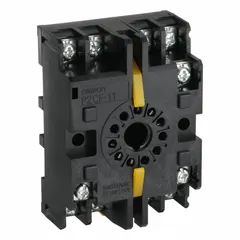 The OMRON P2CF-11 is an 11-pin socket that can be mounted on DIN rail or directly on a surface. It is used for connecting industrial relays and timers in control panels and automation systems, simplifying wiring and maintenance.