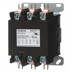 Three-pole, non-reversing definite purpose contactor rated 90 A and 600V AC maximum. Features 3NO main contacts, 24V AC coil, screw terminals, and surface mount design. Suitable for switching loads such as compressors and condenser fans in HVACR equipment.