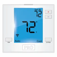 The PRO1 IAQ T701i is a low voltage WiFi thermostat for residential and light commercial heat and cool applications. It features push-button control, 7-day programming, and auto-on fan settings. The white housing includes terminal designations Y, B, C, G, O, RC, RH, and W. No humidification control.