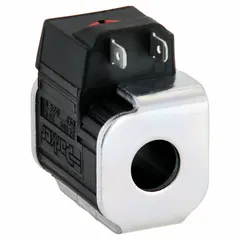 Solenoid coil for hydraulic cartridge valves, rated 24V DC with Dual Spade electrical connection. Housing constructed of Glass Filled Rynite. Overall dimensions: height 1.97 in, width 1.43 in. Used to actuate cartridge valves in fluid power systems for mobile and industrial equipment.