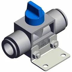 Manual air control valve with knob actuator, 3 ports, 12 mm side-ported body, and blue actuator. Used for directing or shutting off airflow by hand in pneumatic systems, such as industrial machinery and assembly lines.