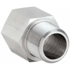 This 316 stainless steel straight pipe fitting has a 1 in x 1 in threaded connection and a pressure rating of 3600 psi. It measures 2 3/8 in length. Used in high-pressure industrial piping systems for straight-line connections in hydraulic, pneumatic, and process fluid circuits.