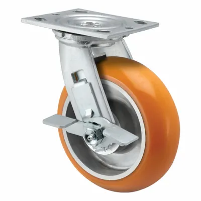 PEMCO Caster: Swivel, Side Brake, Polyurethane, 4 in Wheel Dia, 2 in Wheel Wd - Medium-Duty Plate Casters