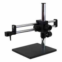 This ball bearing boom stand supports stereo microscopes in industrial assembly, inspection, and laboratory tasks. It features a 23-inch arm length, 15 1/2-inch overall height, and 10-inch overall width, with a bonder arm mounting type. Compatible with all stereo microscopes, including model 75-3354.