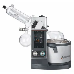 Motorized lift rotary evaporator with 5 L capacity, speed range 10-280 RPM, and 1300 W heating capacity. Includes G1 diagonal condenser glassware and vacuum controller. Suitable for solvent removal under reduced pressure in laboratory applications.