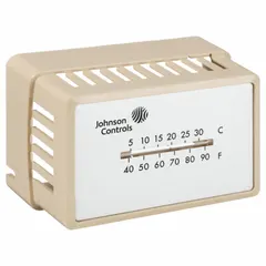 Beige plastic cover for Johnson Controls T-4000 series pneumatic thermostats. Includes a thermometer window and logo. Mounts horizontally. Protects the thermostat while allowing temperature readings.