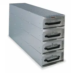 This aluminum bed-mount storage drawer system features four drawers for organizing tools and equipment in trucks or vans. With a height of 24 inches, width of 12 inches, and depth of 50 inches, it provides accessible storage for small parts and tools in mobile maintenance, construction, and field service applications.