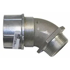 45° metallic cable grip with 1-1/4 in male NPT box connection, accommodating cord diameters from 1.13 to 1.25 in. Constructed of silver aluminum with IP66 liquid-tight protection and Class III, Division 1 & 2 hazardous location rating. Suitable for securing and sealing flexible cord or conduit at a box entry in industrial environments.