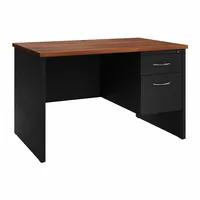 This rectangular office desk features a walnut melamine laminate desktop with a particleboard core and a black steel frame. It includes one pedestal with two drawers for storage and a modesty panel. Suitable for general office use