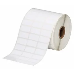 Precut label roll with 1/2 in x 1 in white polyester labels that are halogen-free. Designed for use with the BBP11 printer series. Suitable for industrial identification and labeling in manufacturing, electrical, and facility environments.