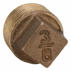 This solid plug is a low-pressure threaded pipe fitting with 3/8 in BSPT threads, made from C89833 brass. Rated for Class 125 and maximum operating pressure of 125 psi at 72° F, it is used to seal pipe ends in water, air, and oil lines. The square drive allows installation with a standard wrench.