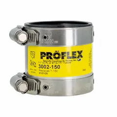 Flexible transition pipe fitting for connecting 1-1/2 in iron, PVC, or steel pipes. Rubber body with stainless steel reinforcement absorbs vibration and accommodates misalignment in above-ground plumbing and industrial piping systems. Overall length: 2-1/8 in.