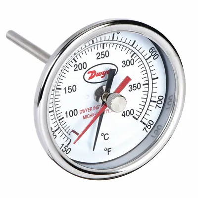 Dwyer Min/Max Dial Thermometer: 150°F to 750°F to 65.5°C to 398.9°C, +/- 2% Accuracy - Min/Max-Reading Thread-Mount Dial Thermometers