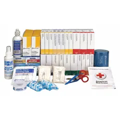 This ANSI/ISEA Z308.1-2015 Type I/II unitized first aid kit refill serves 75 people and includes 446 components such as adhesive bandages, tape, antiseptic spray, and non-aspirin pain relievers. It is latex free and suitable for industrial environments.