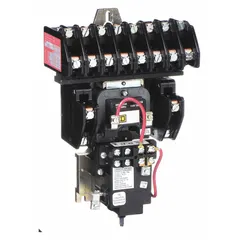 Mechanically held lighting contactor with 10 poles, rated 30 A at 120V AC. Used for switching large lighting loads in commercial and industrial applications such as warehouses, parking lots, and building automation systems.