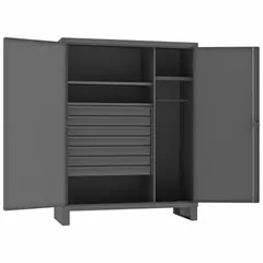 Industrial combination cabinet with 3 shelves (2 adjustable, 1 fixed) and 7 drawers (each 4 in x 23-1/4 in x 20-1/4 in), plus a large drawer (18 in x 19-5/16 in) and two additional drawers (20-7/16 in x 20-7/8 in). Includes a hanging rod. Gray finish with legs. Equipped with a swing handle and padlock hasp for security. Suitable for organizing tools, parts, and equipment in workshops and warehouses.