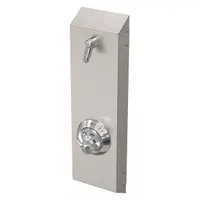 This shower faucet panel includes a fixed showerhead and is supplied as a complete assembly. Overall dimensions: 28 5/8 in height, 7 1/2 in width, 3 in depth. Suitable for commercial or institutional shower installations