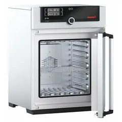 Mechanical forced-air convection oven with 1.9 cu ft capacity, 300°C max temperature, and 2000 W power. Operates on 230V AC with temperature uniformity of ±1.4°C and accuracy tolerance of ±0.1°C up to 99.9°C, ±0.5°C at 100°C and above. Used for drying, heating, aging tests, sample preparation, material testing, and sterilization in laboratory and industrial settings.