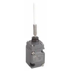 Rod wobble-stick limit switch with two mounting holes and screw terminals for electrical connection. Used in industrial automation to detect the presence or position of moving machinery parts, such as on conveyors, packaging lines, and material-handling equipment.