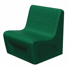 Single-seat armless lounge chair with green polyethylene seat. Floor-mount design. Complies with CAL 133 flammability standard. Suitable for waiting areas, lobbies, and reception spaces.