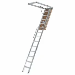 Aluminum attic ladder with gas piston closure for smooth operation. Insulated design helps maintain temperature control. Compatible with maximum ceiling height of 12 ft. Suitable for providing access to attic spaces in industrial and commercial buildings.