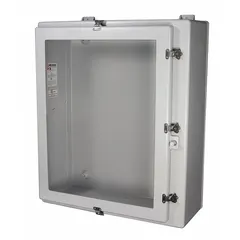 Fiberglass enclosure with a clear hinged cover, rated NEMA 1/12/3/3R/4X. Measures 24 x 20 x 8 inches. No knockouts included. Suitable for protecting electrical components in indoor or outdoor environments requiring corrosion resistance and washdown capability.