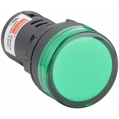 This LED indicator pilot light is designed for 22 mm panel mounting holes and features a raised head for clear visibility. It uses an M3.5 screw electrical connection for secure wiring. Typical applications include status indication on industrial control panels, automation equipment, and machinery.