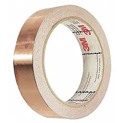 This general-purpose foil electrical tape is 1/4 inch wide, 18 yards long, and 2.6 mil thick. It features a brown acrylic adhesive and is rated for 600 volts. Suitable for electrical grounding, shielding, and conductive repairs in cable wrapping, EMI shielding, and splicing applications.