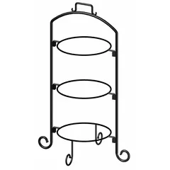 This black iron 3-tier plate stand is designed for displaying plates in buffet lines, catering events, or restaurant settings. Its tiered construction allows organized, space-saving presentation of dinnerware for guest self-service. Overall dimensions: 14 in wide, 18 in long, 27 in high.