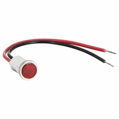 LED indicator pilot light with a flush head design for panel mounting in a 12 mm diameter hole. Features 6 in wire leads for electrical connection. Used on industrial control panels, machinery, and equipment to indicate power status or operational conditions.