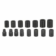 This 15-piece metric impact socket set features a 1/2 in drive size and includes sockets ranging from 10 mm to 24 mm. Designed for use with impact wrenches, it is suited for heavy-duty fastening tasks in automotive repair, industrial maintenance, and assembly applications. The friction retention mechanism holds sockets securely on the anvil during operation.