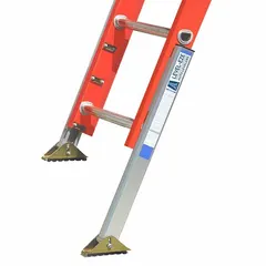 This leg leveler is designed for extension ladders to provide stable positioning on uneven surfaces. It includes a shoe for added support. The silver finish complements standard ladder components.