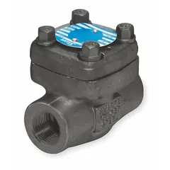 This SHARPE inline piston check valve features a stainless steel body with 1-1/2 inch FNPT female NPT connections. It uses a spring-loaded piston to prevent backflow, suitable for industrial water, oil, and gas piping systems requiring one-way flow control.