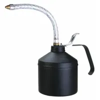 This lever-grip oil dispenser has a 16 fl oz capacity and a 9-inch flexible spout for reaching confined spaces. The tin-coated steel body resists corrosion. It includes a pump body and is suited for manual lubrication of machinery and moving parts