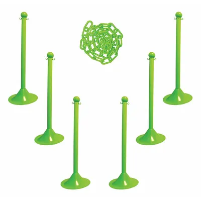 OEM Solid-Color Plastic Chain Barrier System, Safety Green, 50 ft Chain, 6 Posts - Solid-Color Plastic Chain Barrier Systems