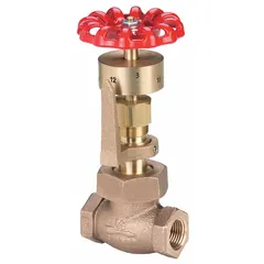 This bronze Z-body globe valve is designed for boiler blow-down applications. It features a stainless steel disc and bronze bonnet, with 3/4-inch FNPT connections. Suitable for use with gas, oil, steam, or water media.