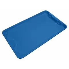 This fiberglass lid is designed for extreme-temperature stacking and nesting totes. It measures 24 1/4 x 14 3/4 inches and is blue. Compatible with tote models 2TU21, 2TU22, and 4TH05. Used in industrial settings to protect contents from heat or cold.