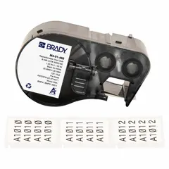 Vinyl, black-on-white wraparound label cartridge for permanent identification of wires and cables with diameters from 0.43 in to 0.28 in. Label size is 1 1/2 in x 1 in. Compatible with M511 printer series; requires R6200 ribbon for printing.