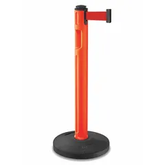 This retractable belt post barrier features a solid red belt with no legend and an orange plastic post. The belt extends up to 12 ft and is 2 in wide. The base is made of rubber. Commonly used to manage pedestrian flow, cordon off areas, or guide queues in industrial and public settings.